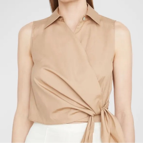 Vince Tan Wrap Blouse Sleeveless Cotton Poplin Wrap Shirt in Dune Size 2 - Picture 7 of 8